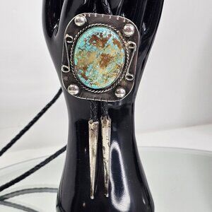 Navajo Turquoise Sterling Silver Bolo Tie Signed By Artist